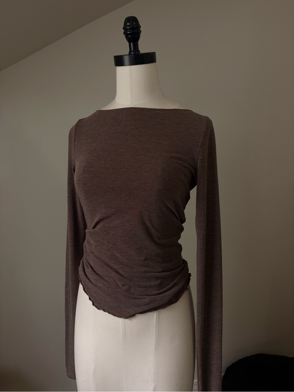 Brown Lettuce Hem Boat Neck LS